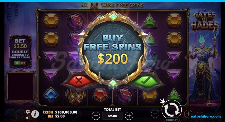 Buy Free Spins panel opens at $200.00