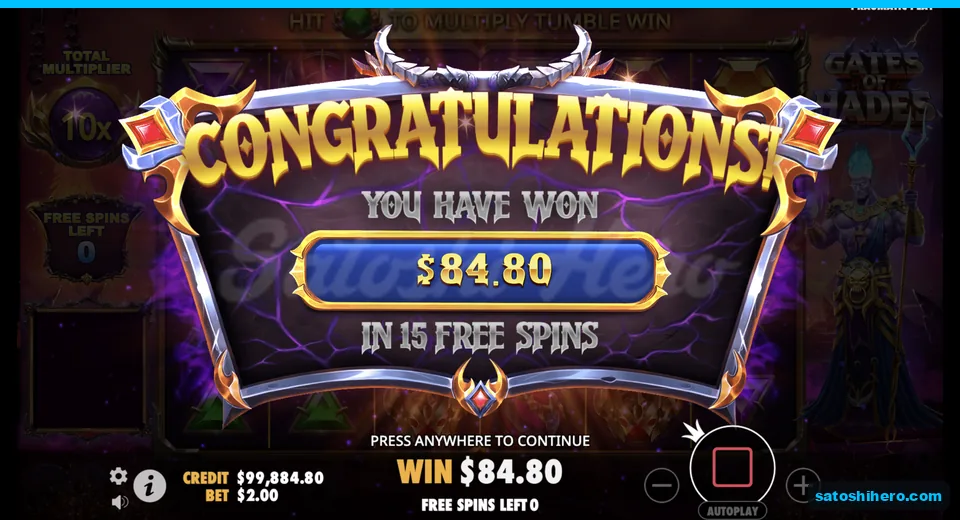 Bought free spins result screen shows $84.80 total