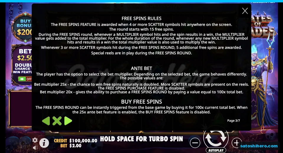 Free spins rules page shows 15 spins and retriggers