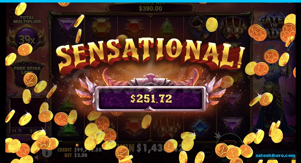 Coins pour across reels with 39x total multiplier