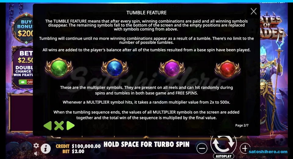 Rules page explains tumbles and coloured multiplier orbs