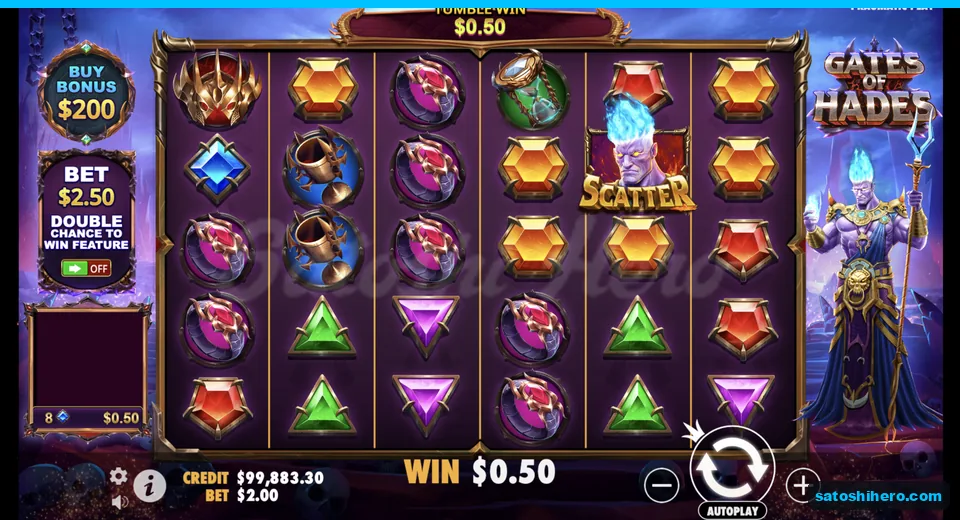 Settled board shows relics, gems, and one Scatter
