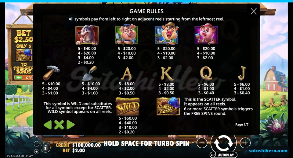 Paytable lists wild wolf pig and tool payouts