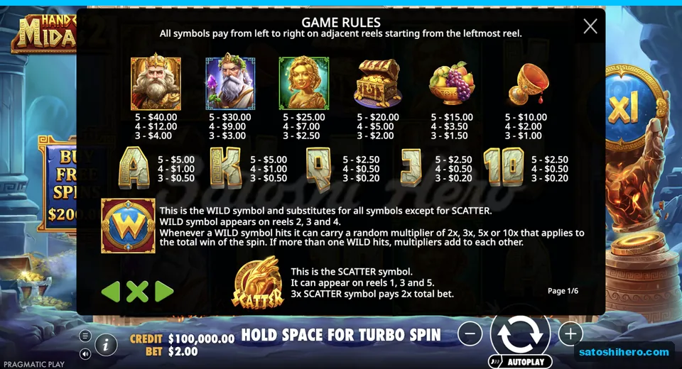 Paytable lists King Midas and royal values