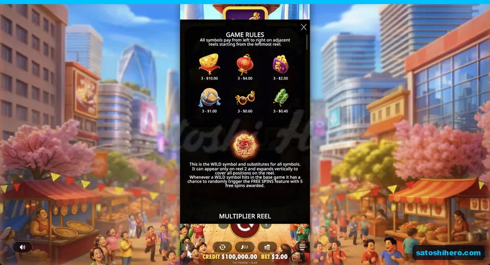 Paytable lists symbol awards and wild details