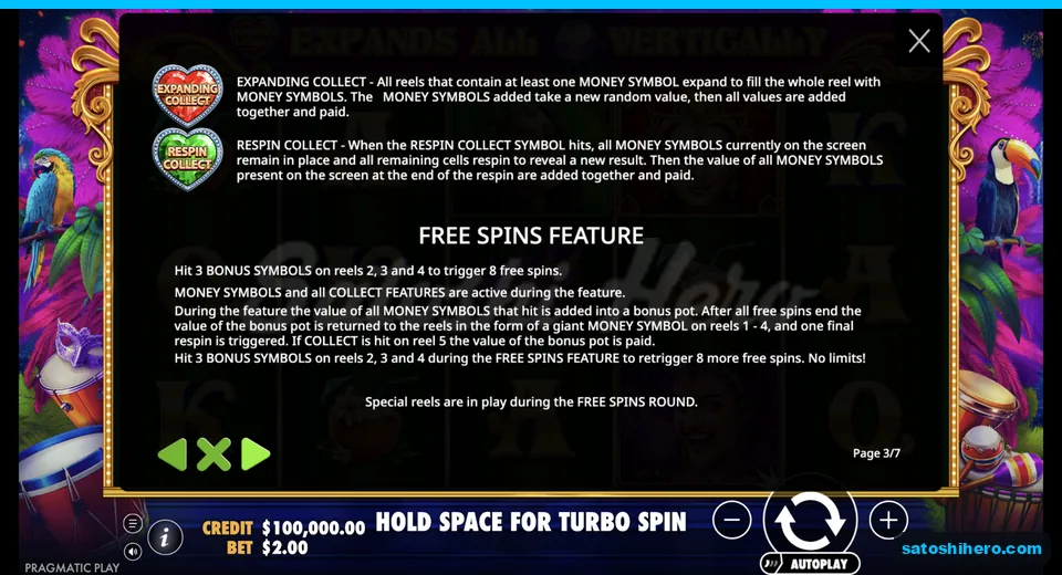 Rules page explains free spins and bonus pot