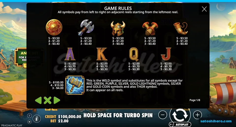 Pay values list themed symbols and card ranks