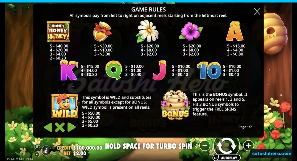 Paytable opens with symbols and bonus rules
