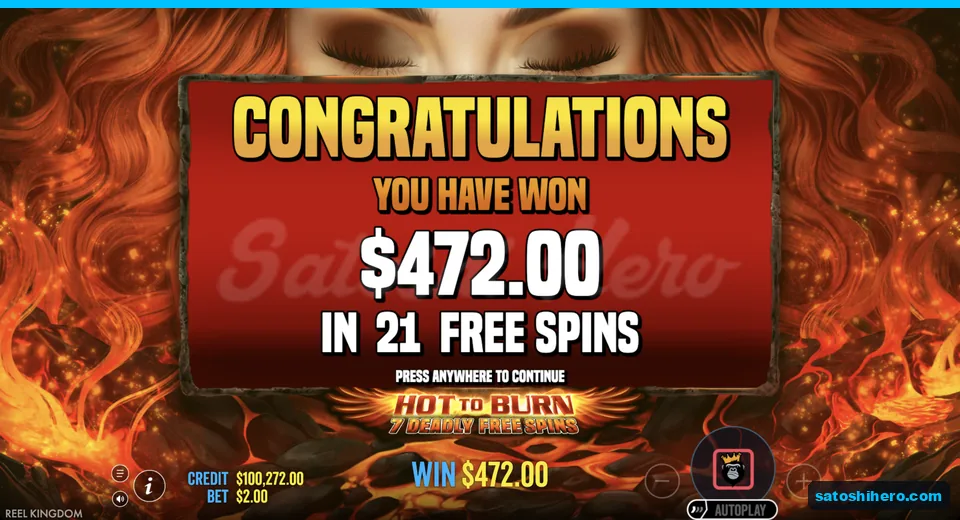 Collect screen shows $472.00 in 21 spins