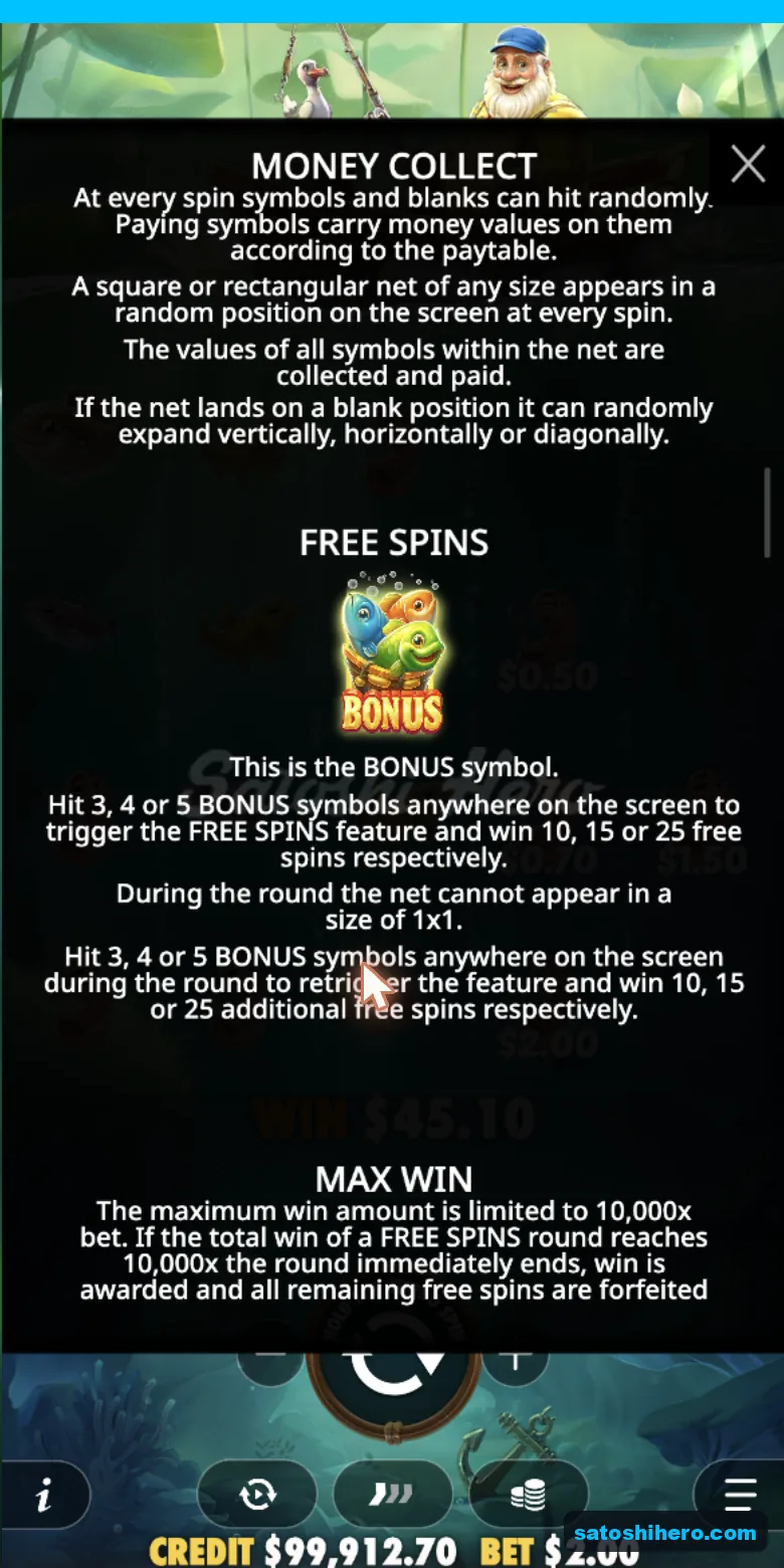 Rules show free spins and money collect