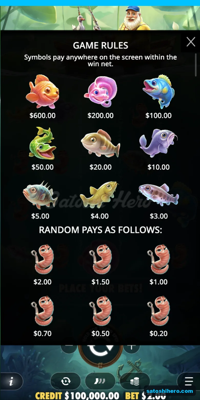Paytable lists fish and worm values