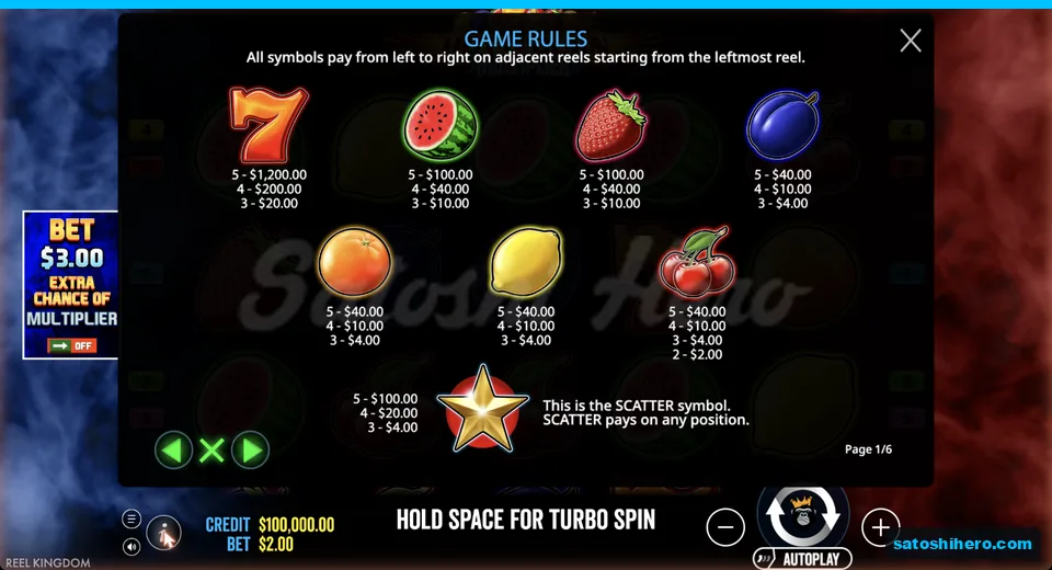Paytable lists fruit values and scatter prizes