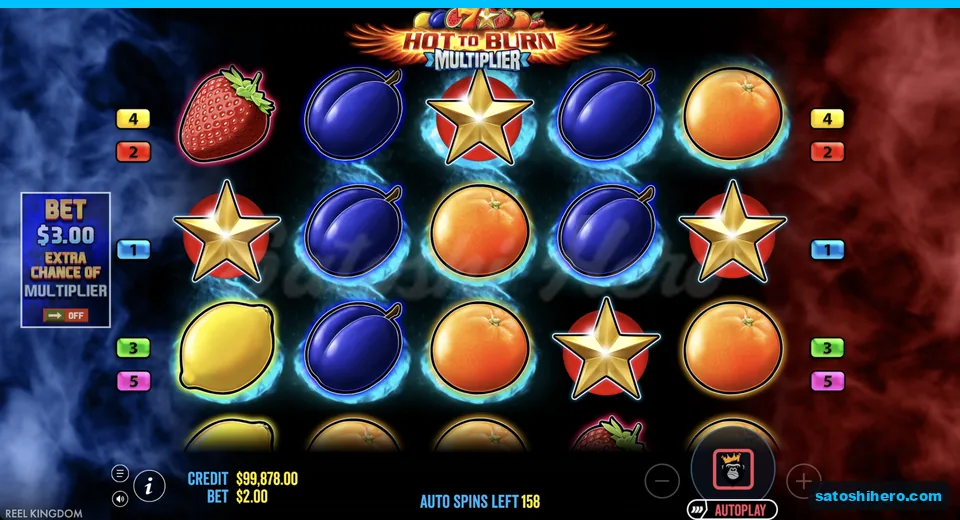 Four scatters land among flaming fruit symbols