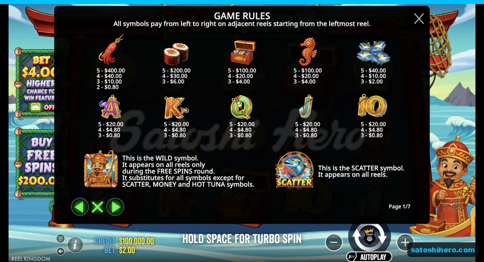 Paytable shows squid and sushi top values
