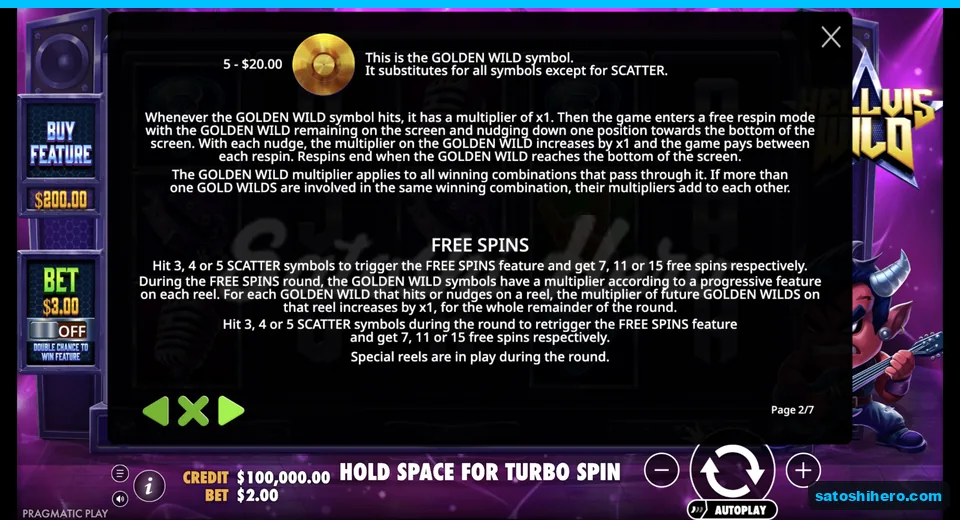 Rules page explains golden wilds and free spins