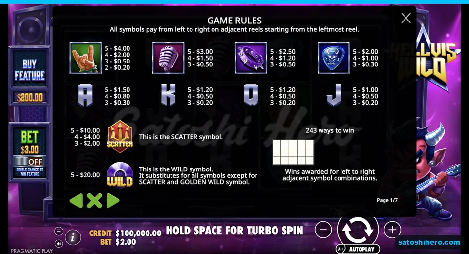 Rules page shows premium symbols and pay values