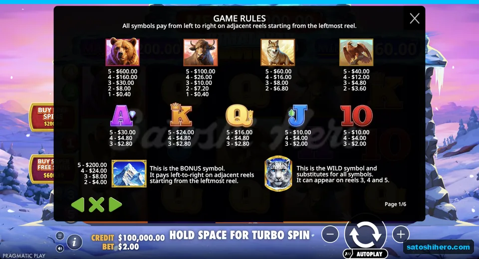 Paytable lists animal and royal payouts