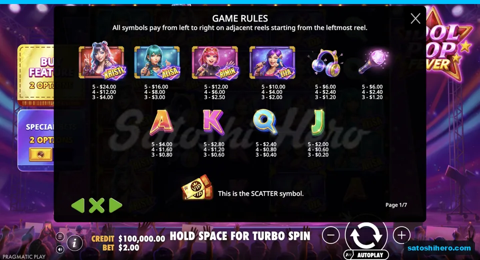 Paytable shows idol, audio and royal symbol values