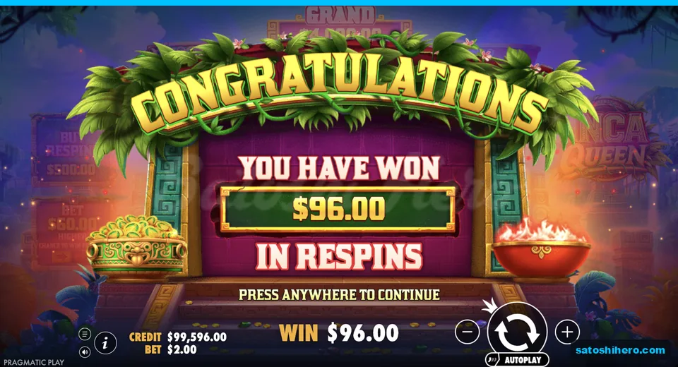 Collect screen shows $96.00 won in respins
