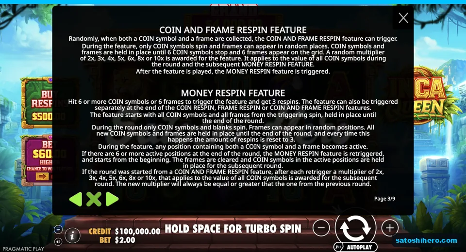 Money Respin rules explain held coins and frames
