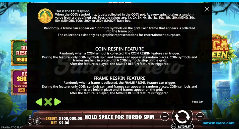 Coin rules show values and entry respins