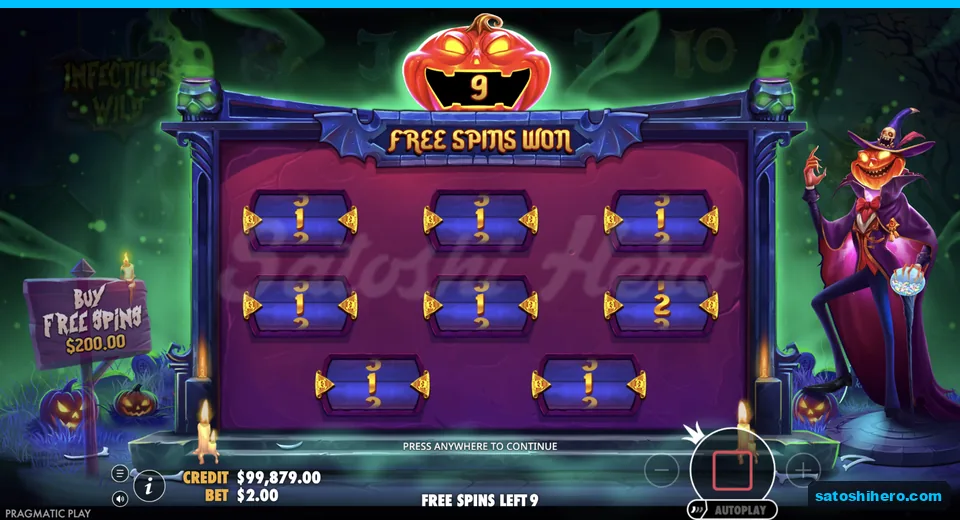 Free spins grid reveals a nine-spin total