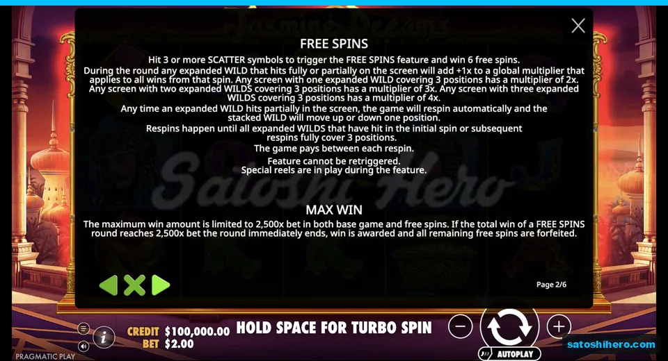 Rules page explains six spins and wild respins