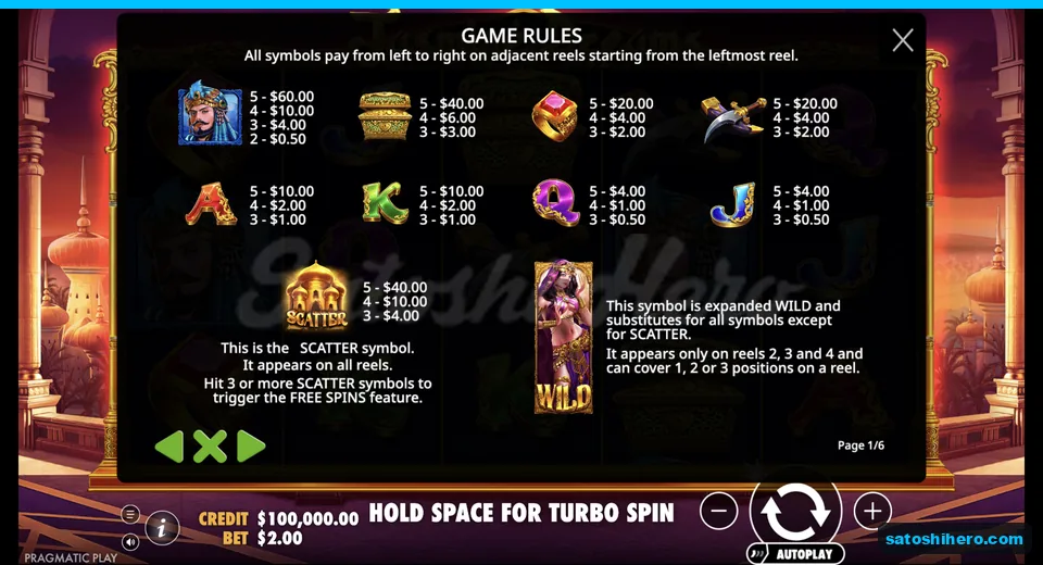Paytable shows sultan scatter and wild values