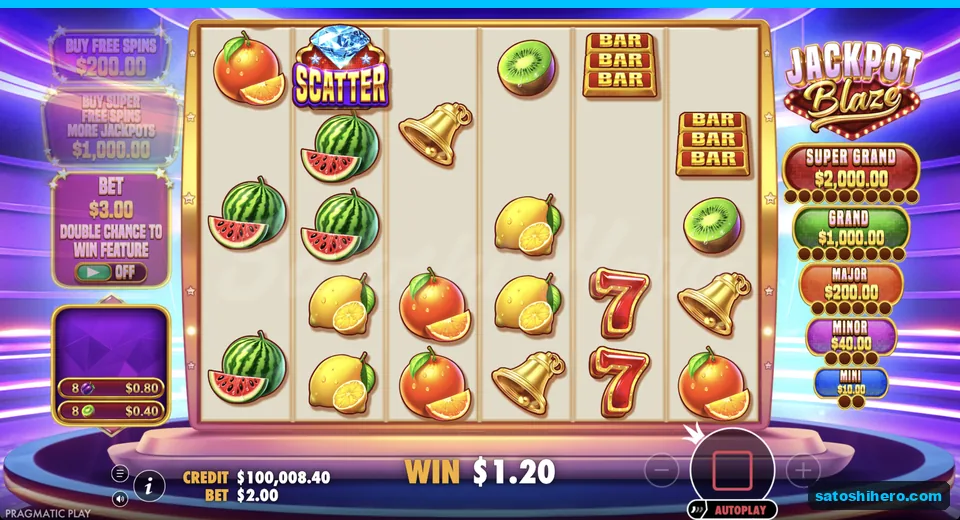 Win amount glows beneath scattered fruit and bars