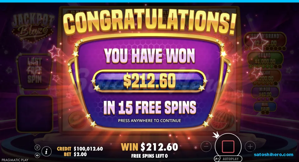 Congratulations panel shows $212.60 over 15 free spins