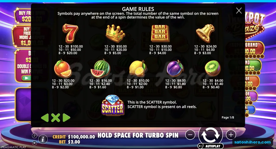 Paytable shows red seven crown and fruit values