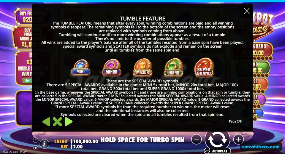Special award page lists tumble and jackpot symbols