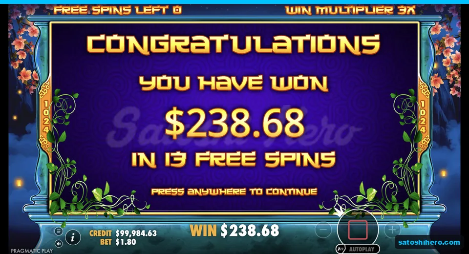 Free spins collect screen shows $238.68 total