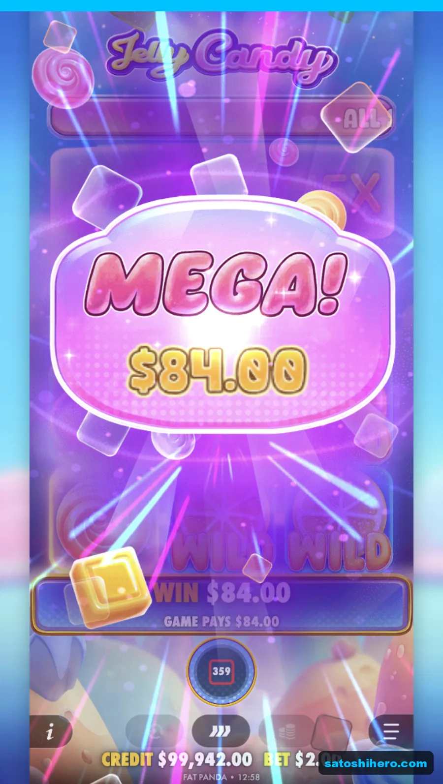MEGA banner shows an $84.00 win