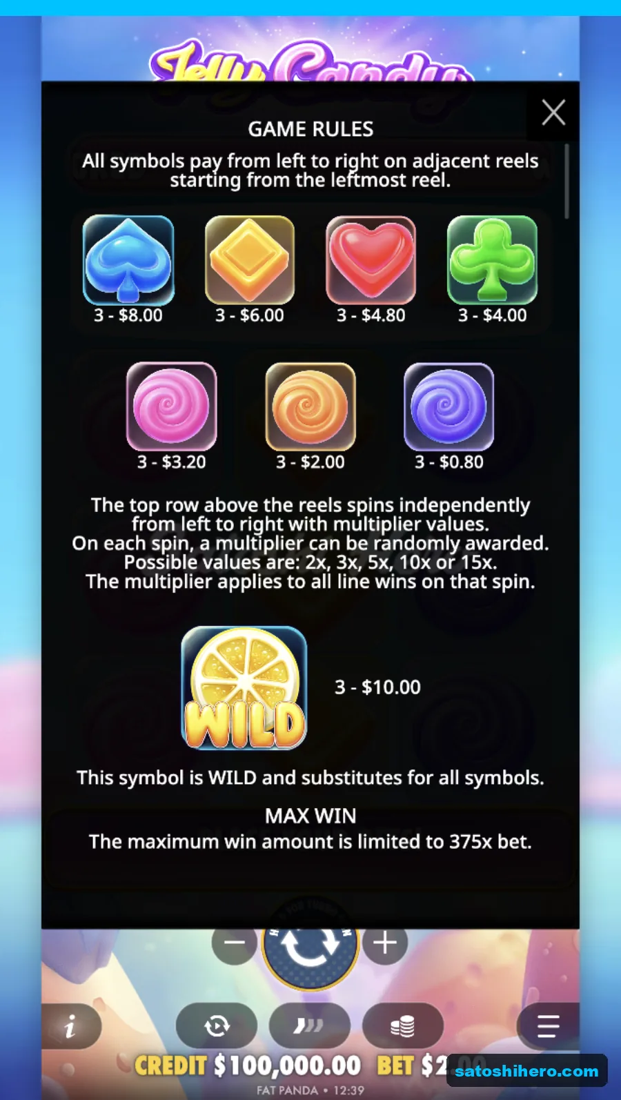 Paytable lists jellies, swirls, and lemon values