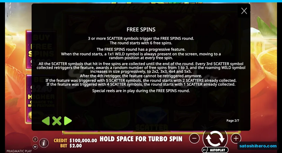 Rules page explains six free spins