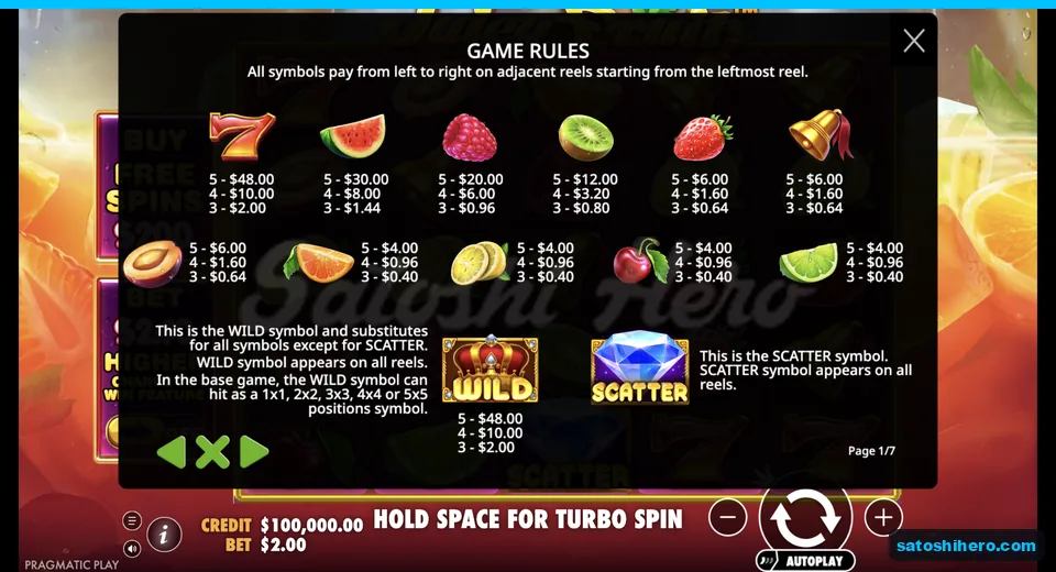 Paytable opens with fruit symbol values