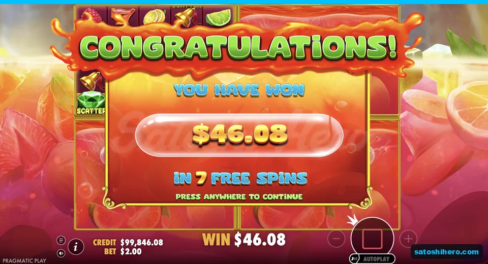 Congratulations screen shows a $46.08 feature payout