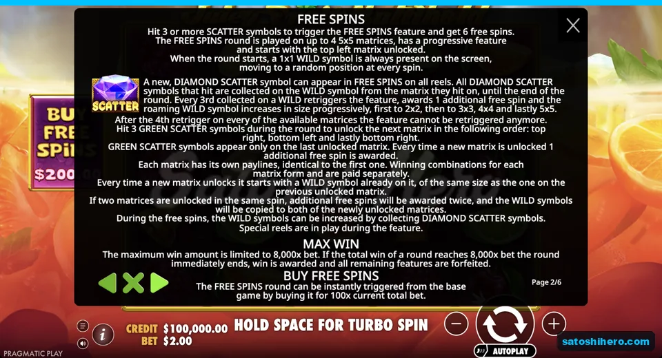 Rules page shows six spins and four matrices