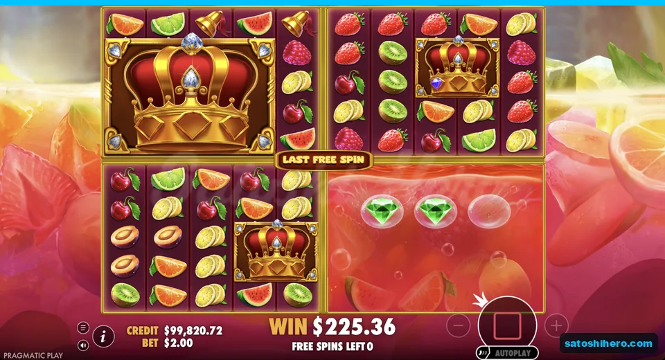 Three matrices show crown wilds and a $225 win