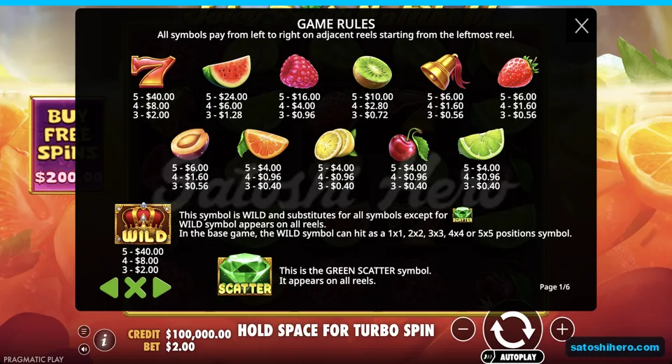 Pay table lists fruit values and crown wild sizes
