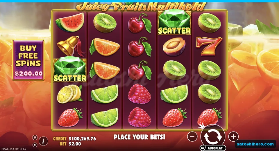 Reels show fruit symbols and green diamond scatters