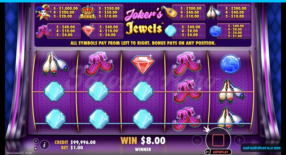 Line win resolves with four cyan gems