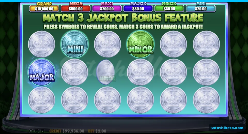 Pick screen shows silver coins and revealed jackpot names