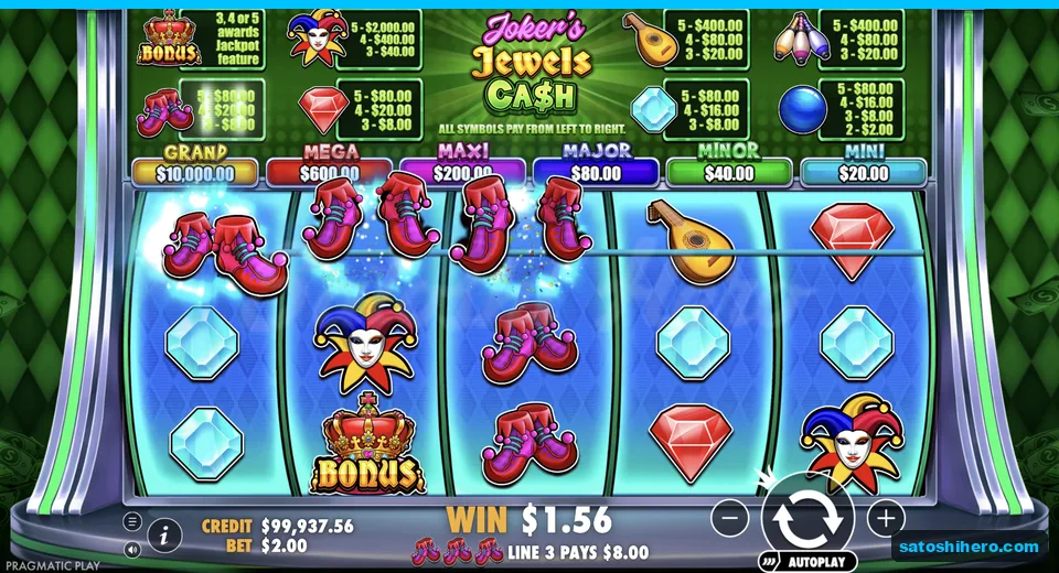 Base spin shows boots, joker, diamond and Bonus coin