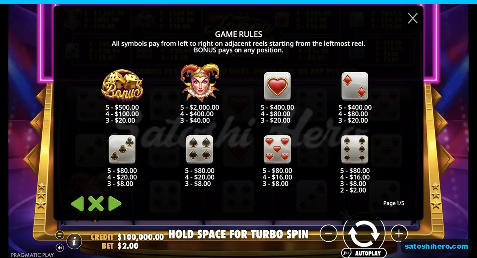 Paytable lists joker coin and dice values