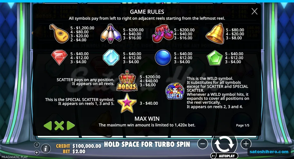 Paytable lists joker lute and gem values