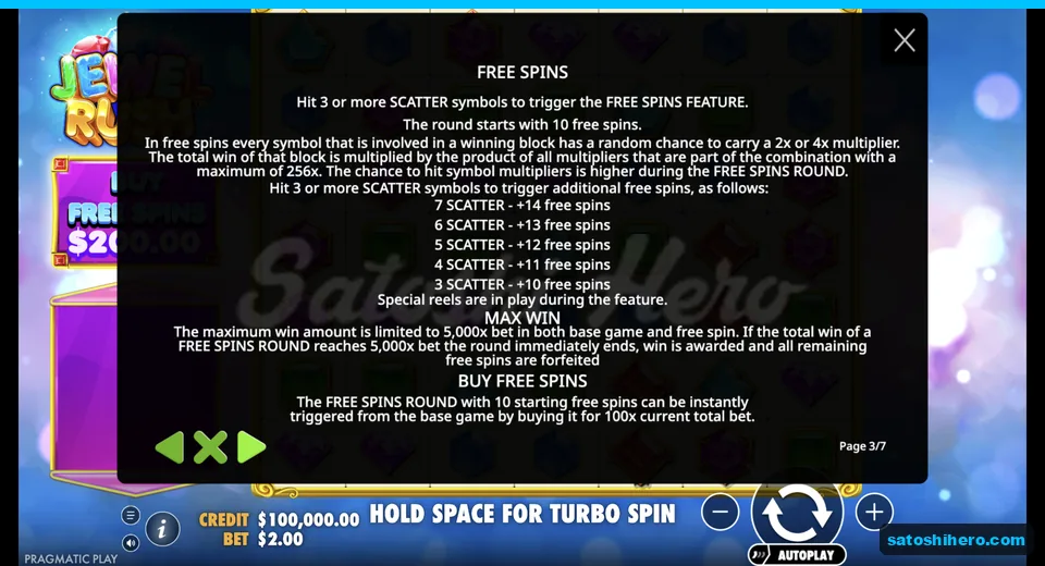 Rules page explains free spins awards