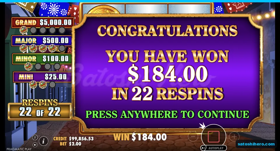 Collect screen shows $184.00 won across 22 respins
