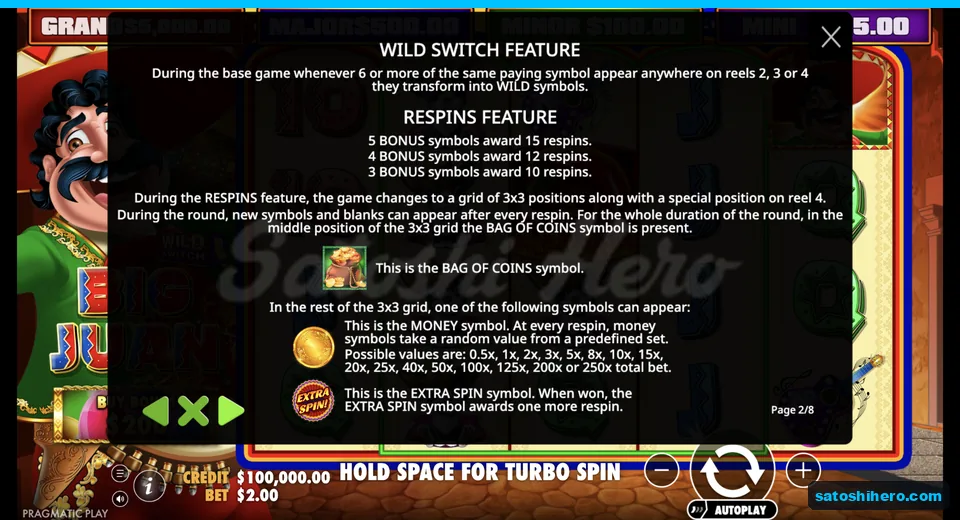 Rules page explains Wild Switch and respins